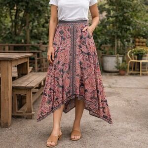 INC Fairy Wimsy Pink Paisley Rhinestone Asymmetric Coquette Midi Skirt Size M